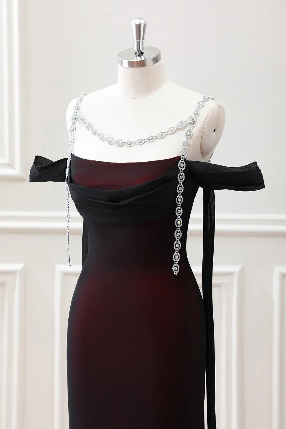 Black Red Sheath Cowl Neck Maxi Dress with Rhinestones