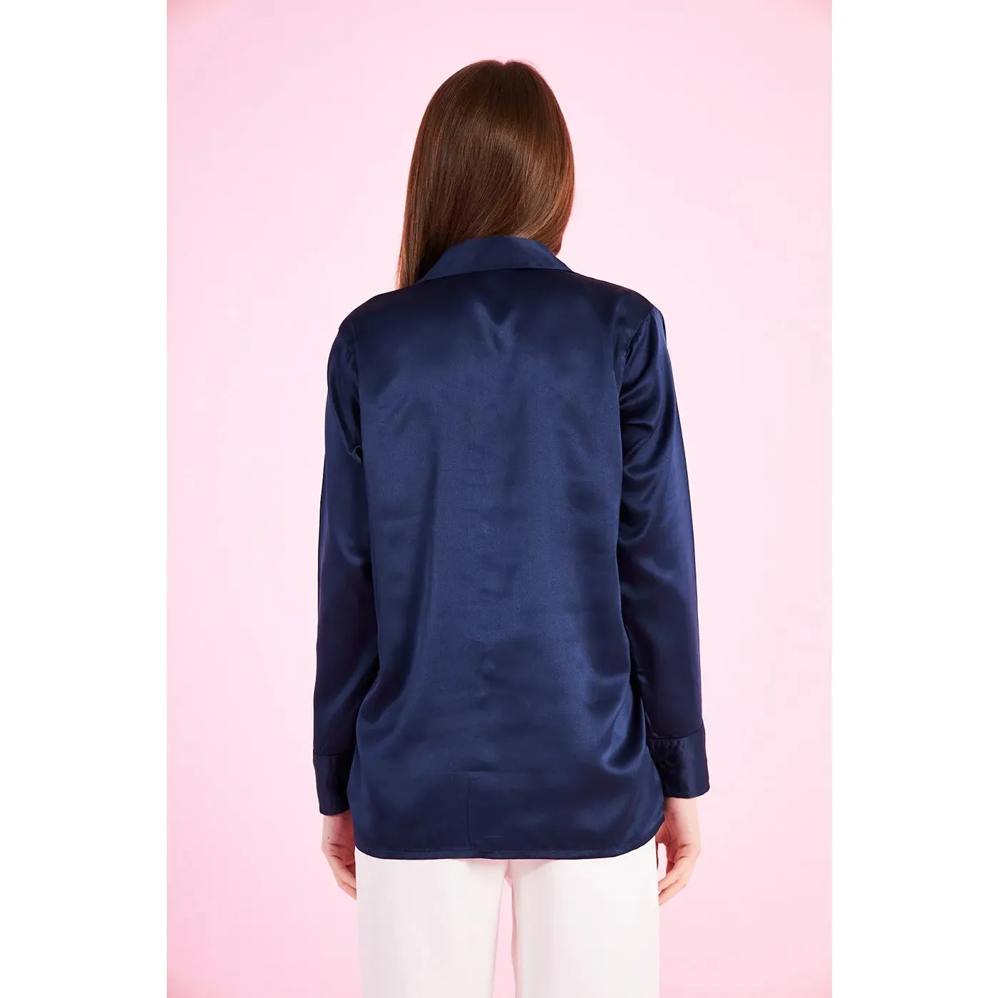 Blue Cuban Collar Satin Shirt