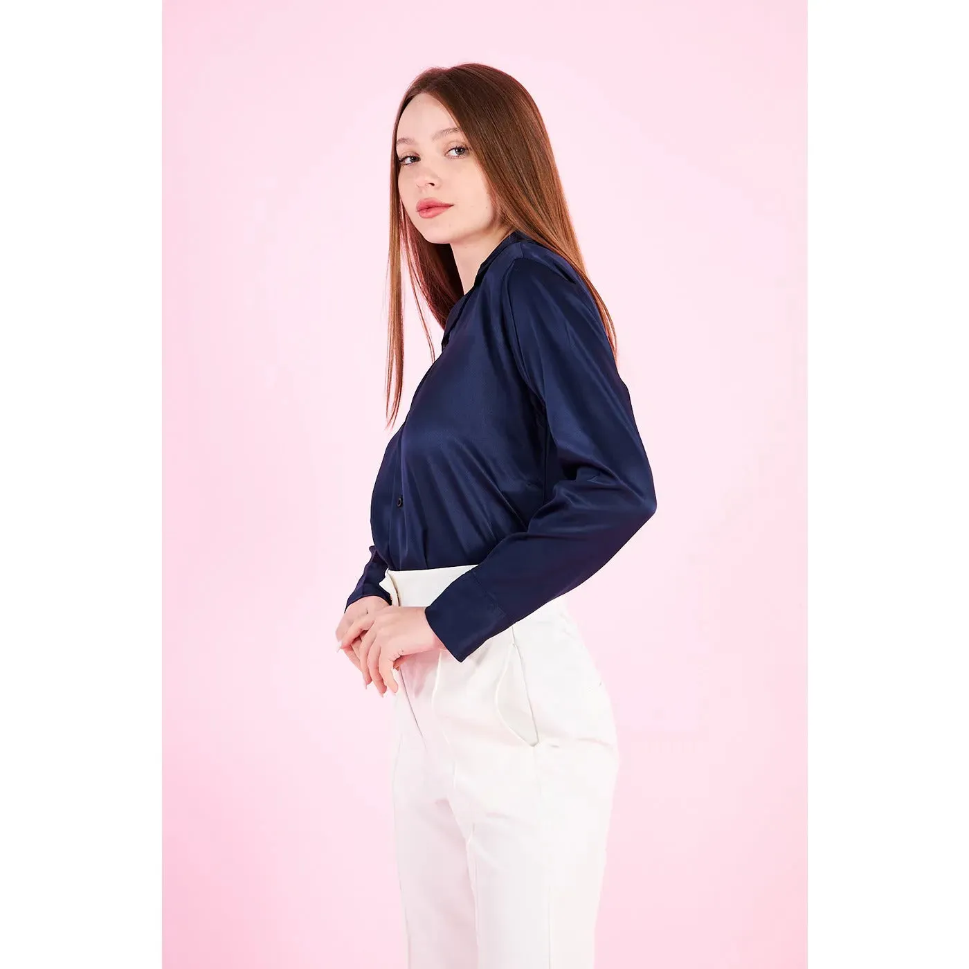 Blue Cuban Collar Satin Shirt