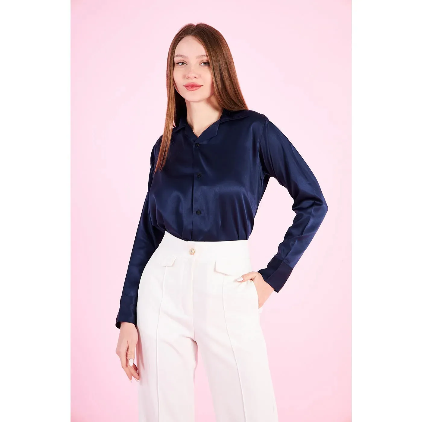 Blue Cuban Collar Satin Shirt