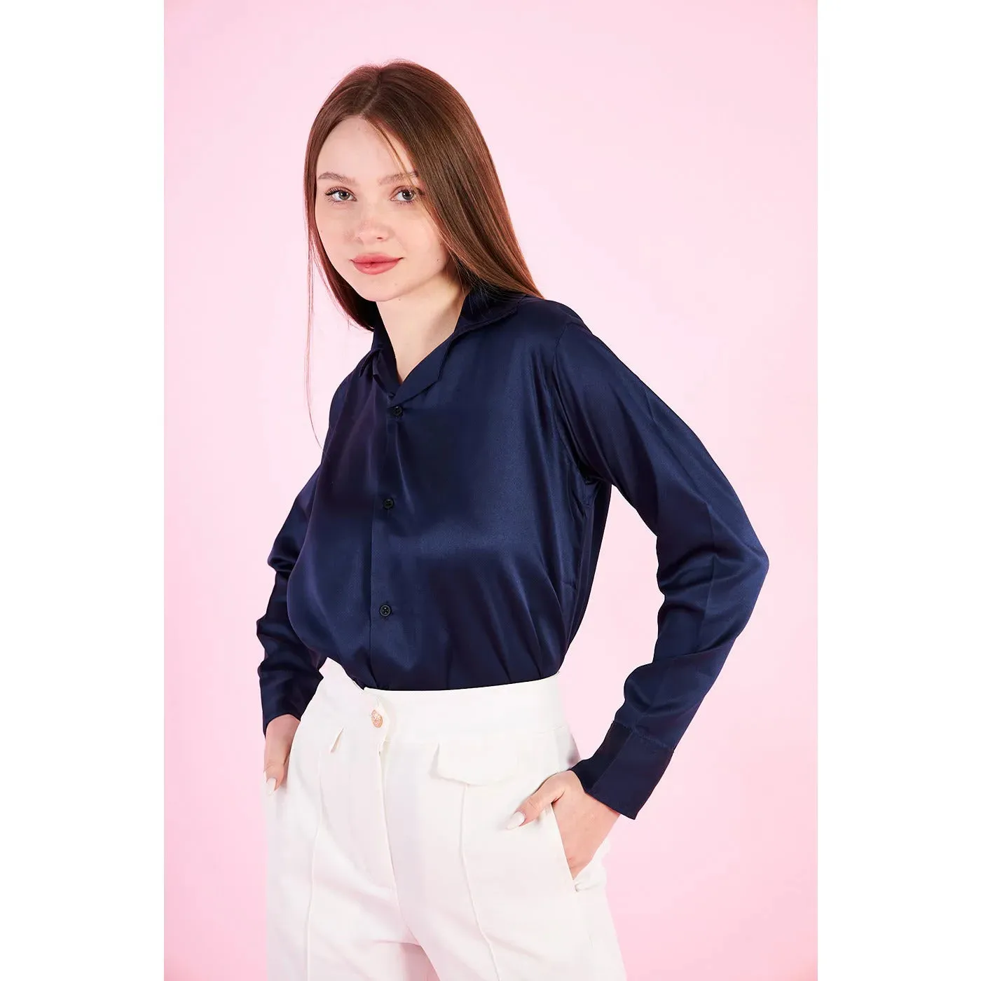 Blue Cuban Collar Satin Shirt