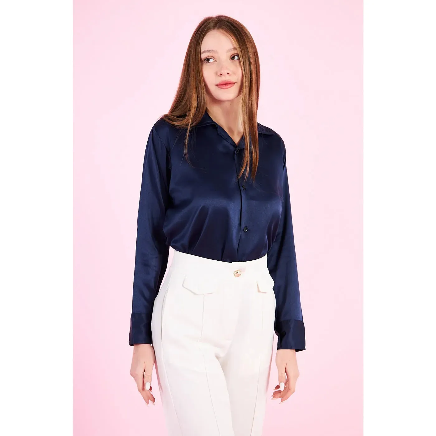 Blue Cuban Collar Satin Shirt