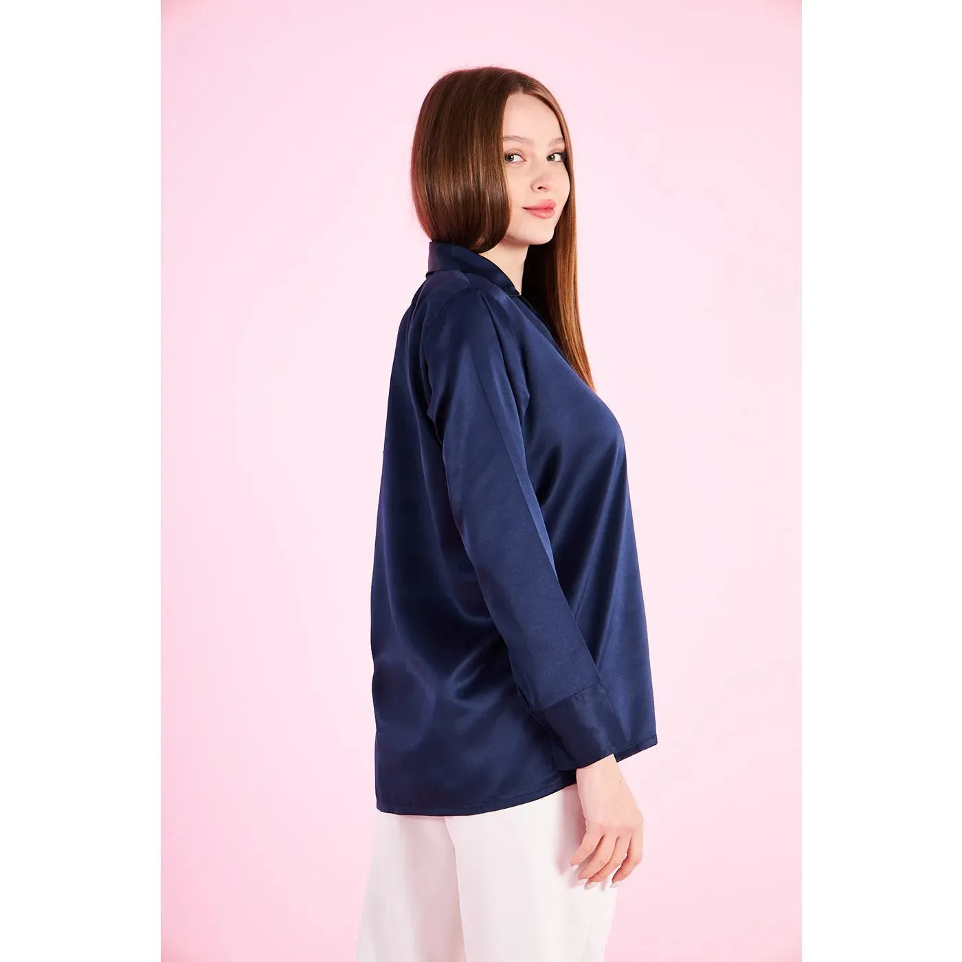 Blue Cuban Collar Satin Shirt