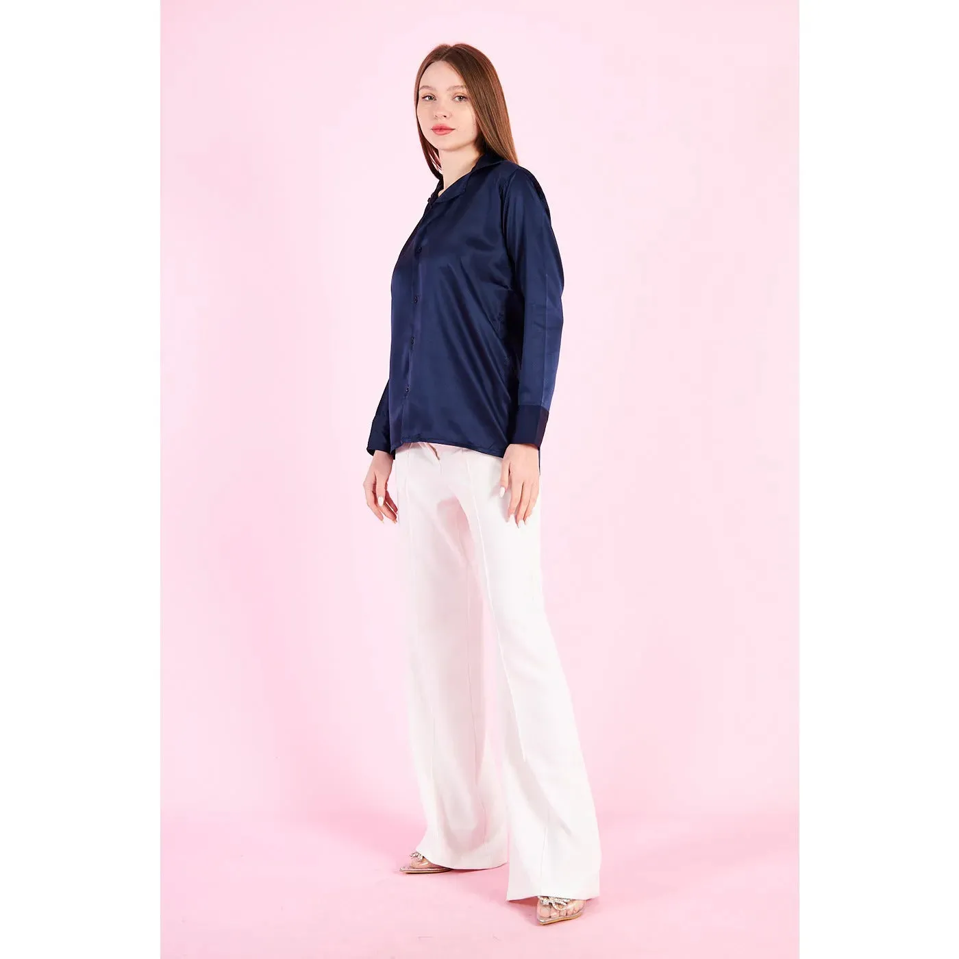 Blue Cuban Collar Satin Shirt