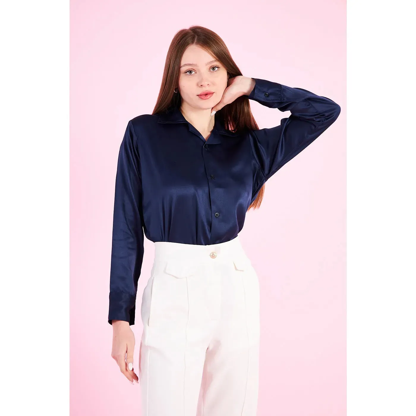 Blue Cuban Collar Satin Shirt