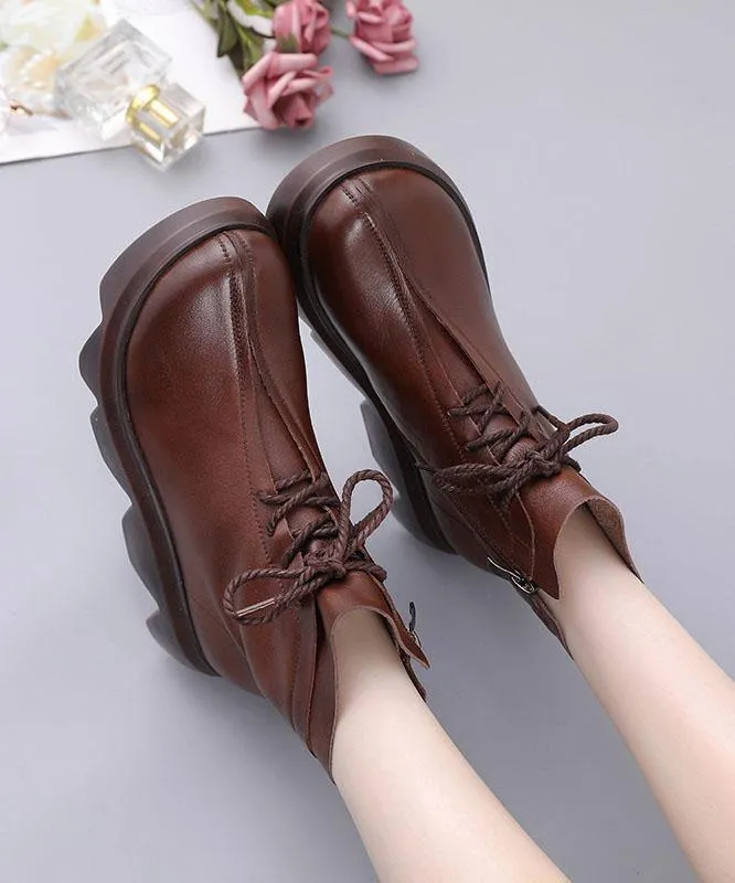 Brown Boots Platform Cowhide Leather Unique Platform Boots