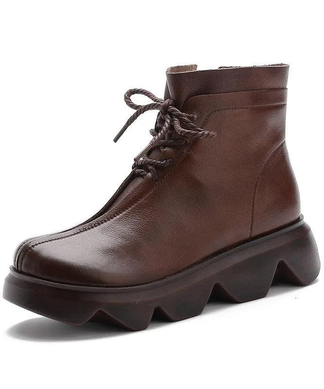 Brown Boots Platform Cowhide Leather Unique Platform Boots