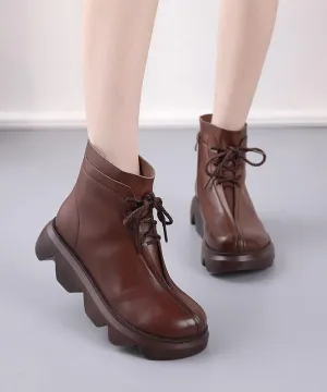 Brown Boots Platform Cowhide Leather Unique Platform Boots