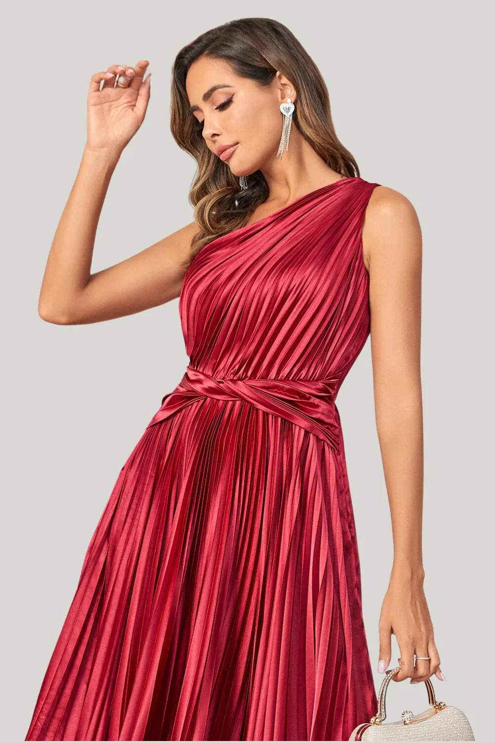 Burgundy Asymmetrical A Line One Shoulder Tea Length Midi Dress