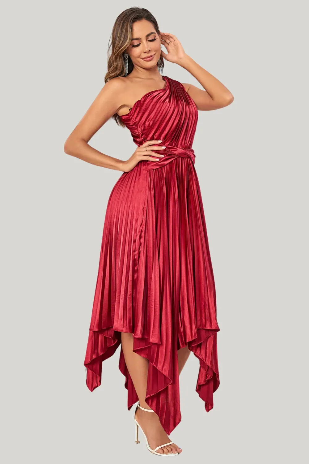 Burgundy Asymmetrical A Line One Shoulder Tea Length Midi Dress