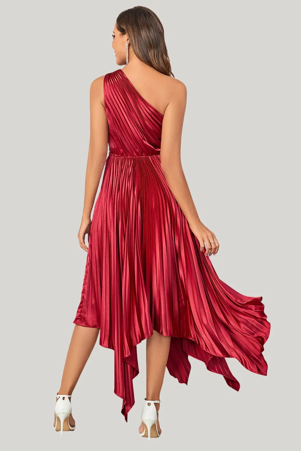 Burgundy Asymmetrical A Line One Shoulder Tea Length Midi Dress