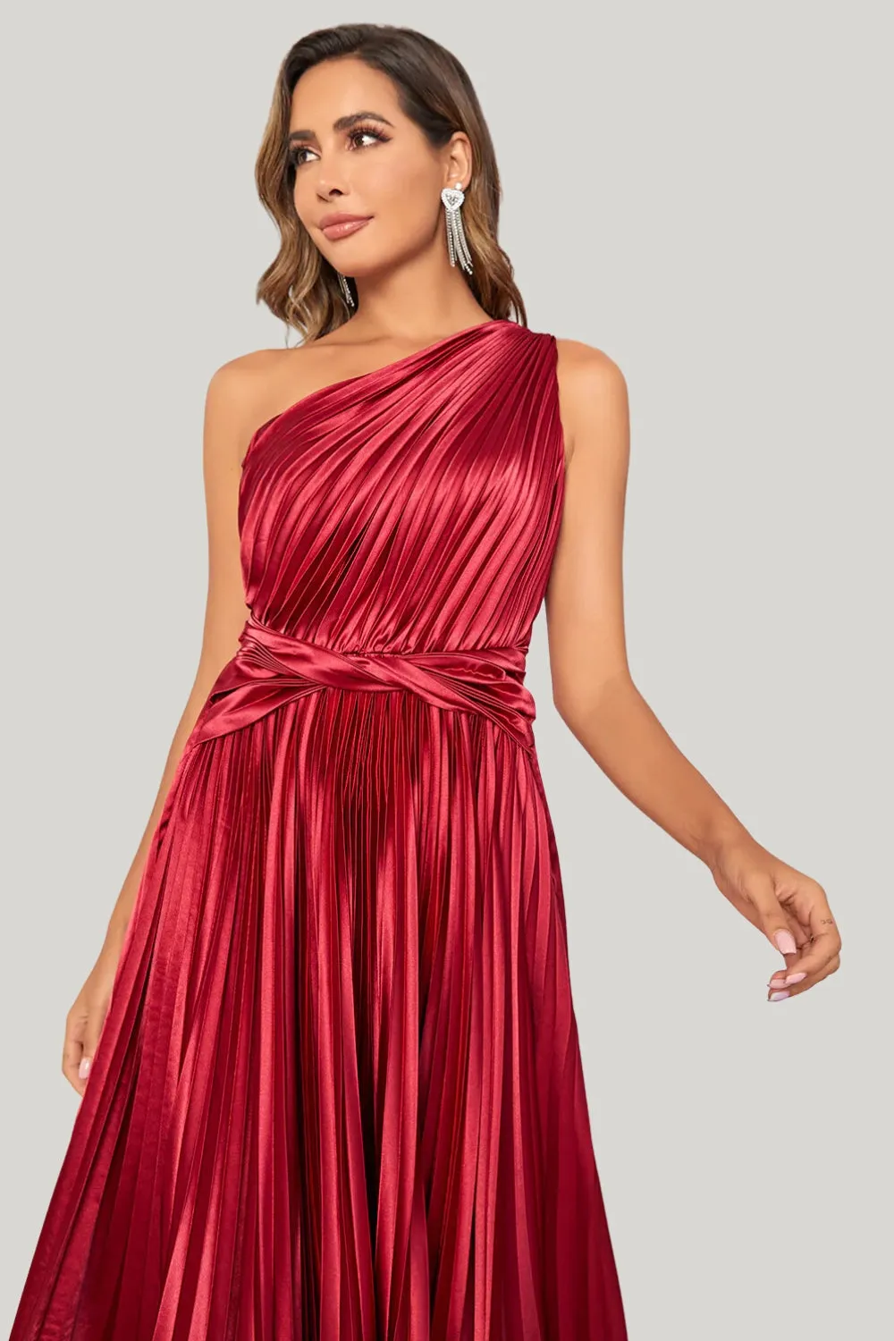 Burgundy Asymmetrical A Line One Shoulder Tea Length Midi Dress