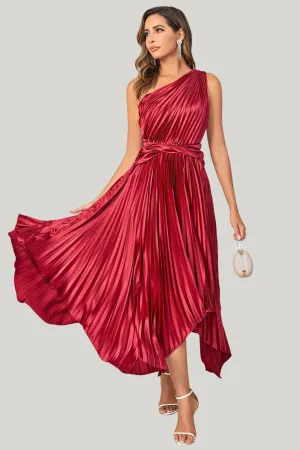 Burgundy Asymmetrical A Line One Shoulder Tea Length Midi Dress