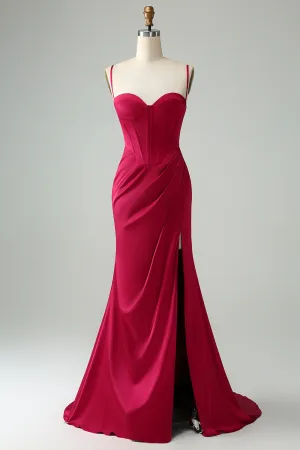 Burgundy Mermaid Corset Spaghetti Straps Maxi Dress