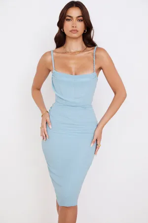 Chic Spaghetti Strap Cowl Neck Corset Cocktail Party Midi Dress - Blue