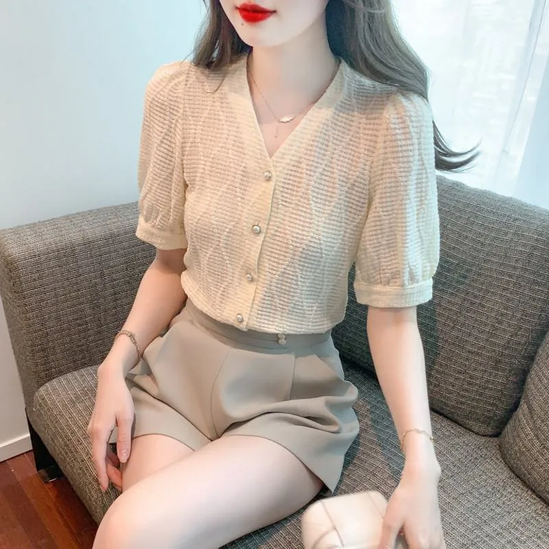 Chiffon V-Neck Lace Bubble Sleeve Blouse