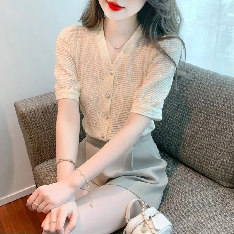 Chiffon V-Neck Lace Bubble Sleeve Blouse