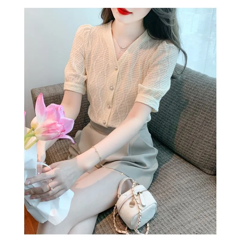 Chiffon V-Neck Lace Bubble Sleeve Blouse