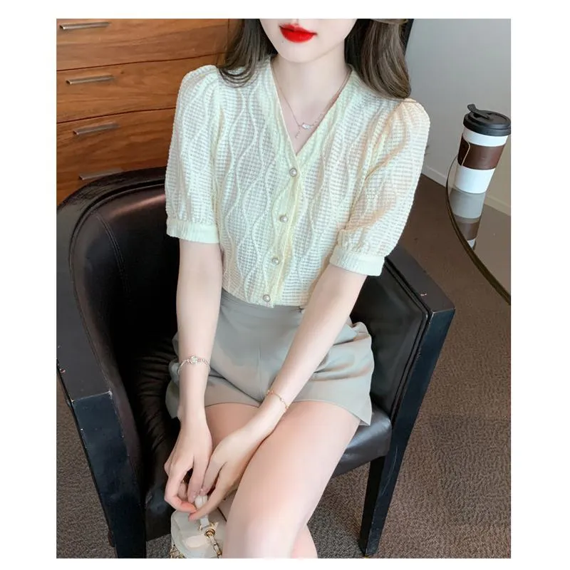 Chiffon V-Neck Lace Bubble Sleeve Blouse