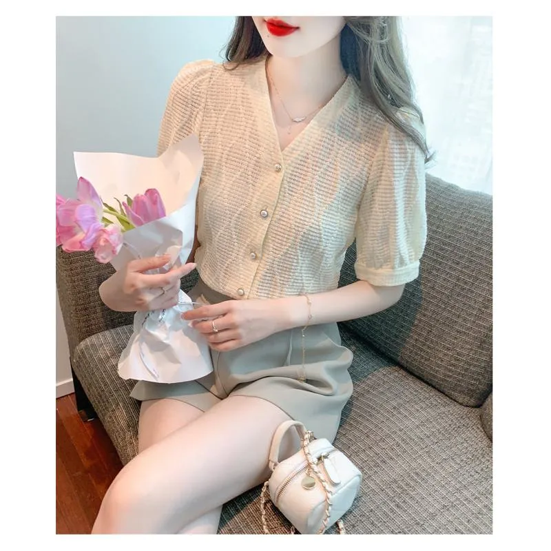 Chiffon V-Neck Lace Bubble Sleeve Blouse