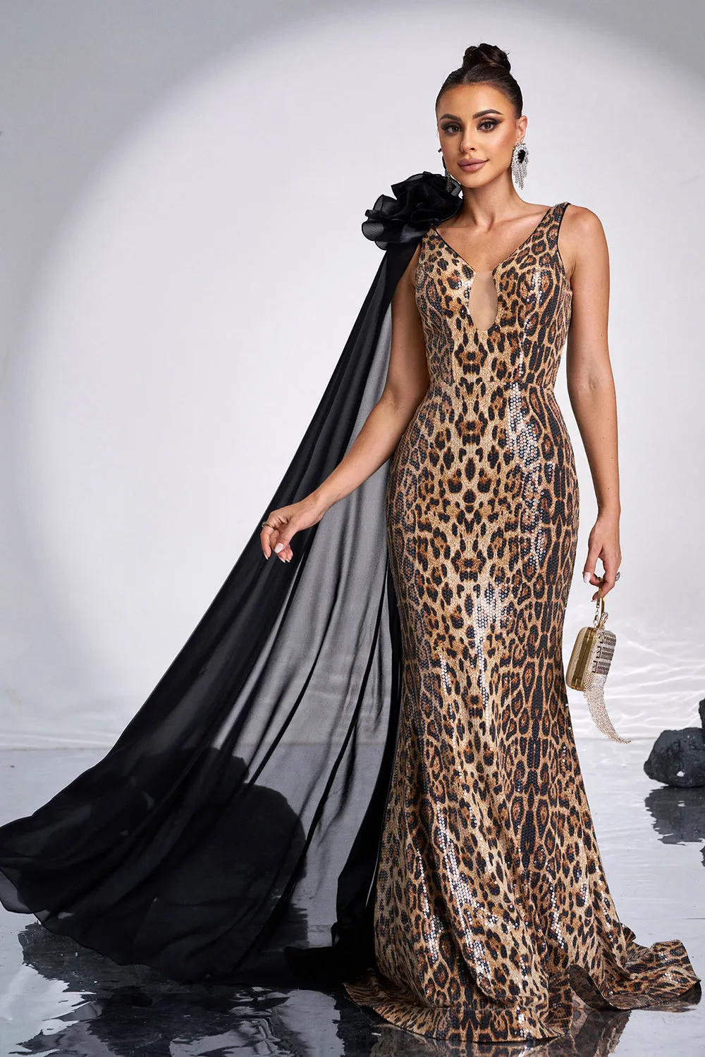 Coffee Leopard Mermaid Floor Length Dress with One Shoulder Cape