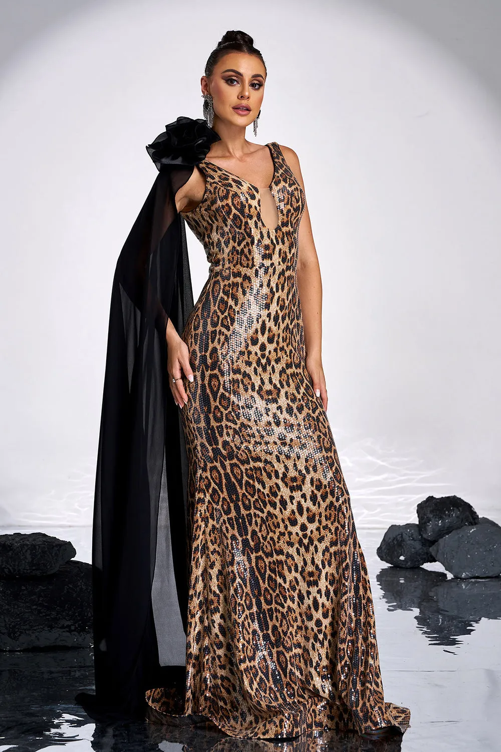 Coffee Leopard Mermaid Floor Length Dress with One Shoulder Cape