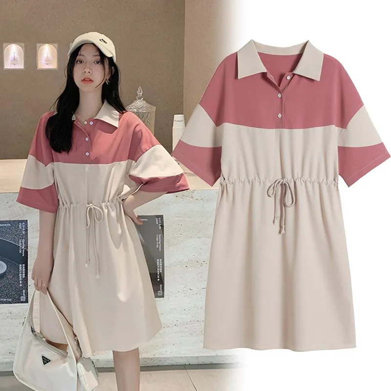 Collar Pink Slimming Tie-Up Loose Fit Chic Patchwork Half-Sleeve Dress