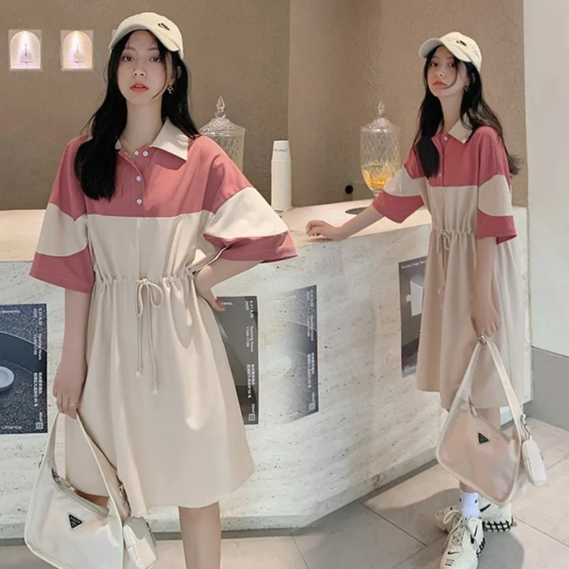 Collar Pink Slimming Tie-Up Loose Fit Chic Patchwork Half-Sleeve Dress