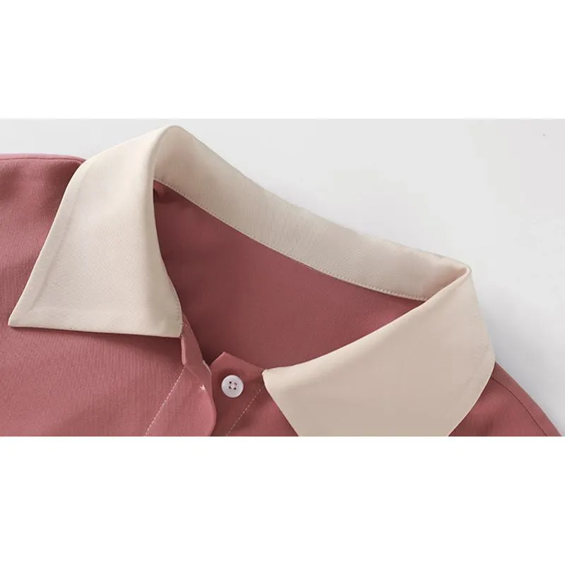 Collar Pink Slimming Tie-Up Loose Fit Chic Patchwork Half-Sleeve Dress