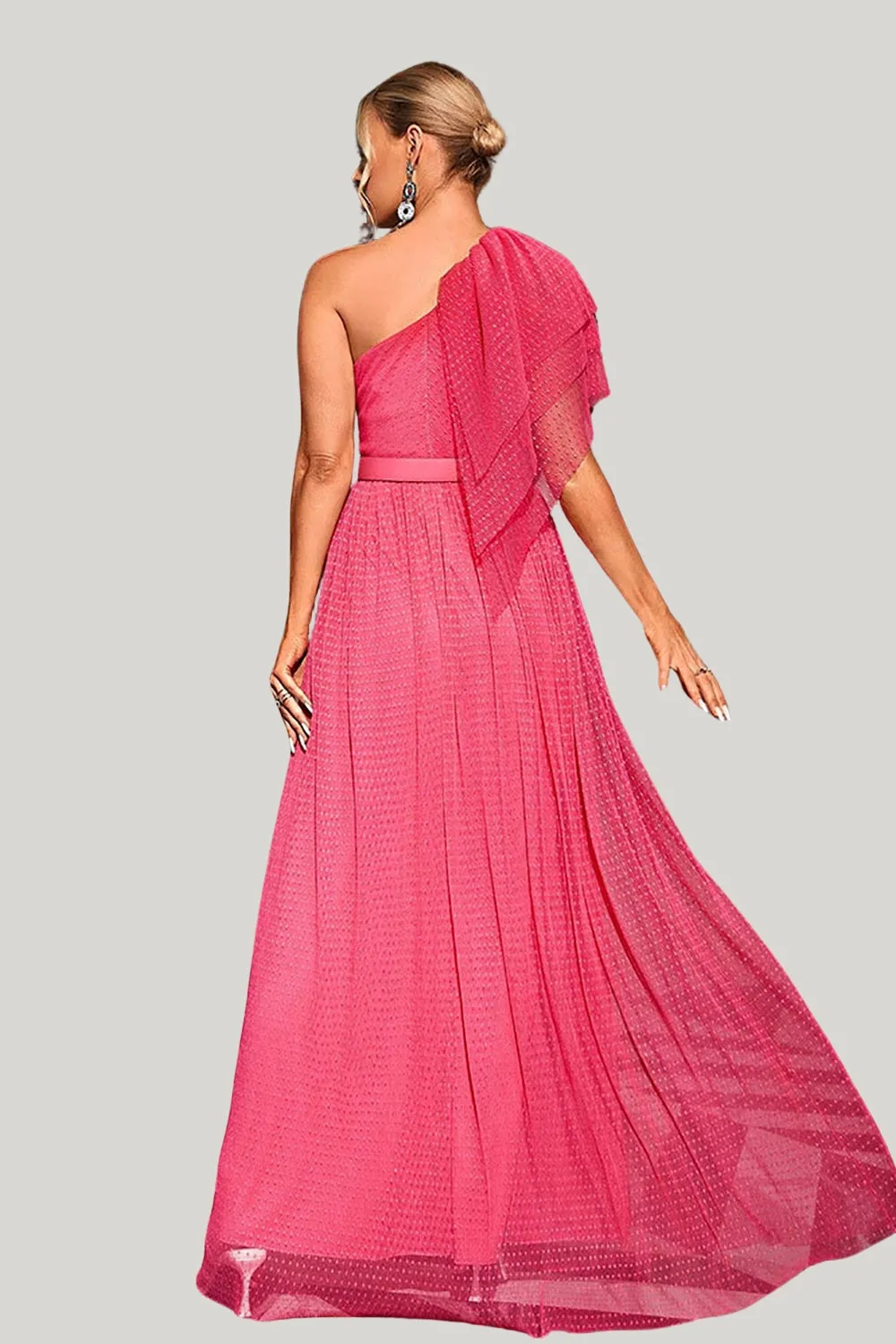 Coral A Line One Shoulder Tulle Maxi Dress with Belt