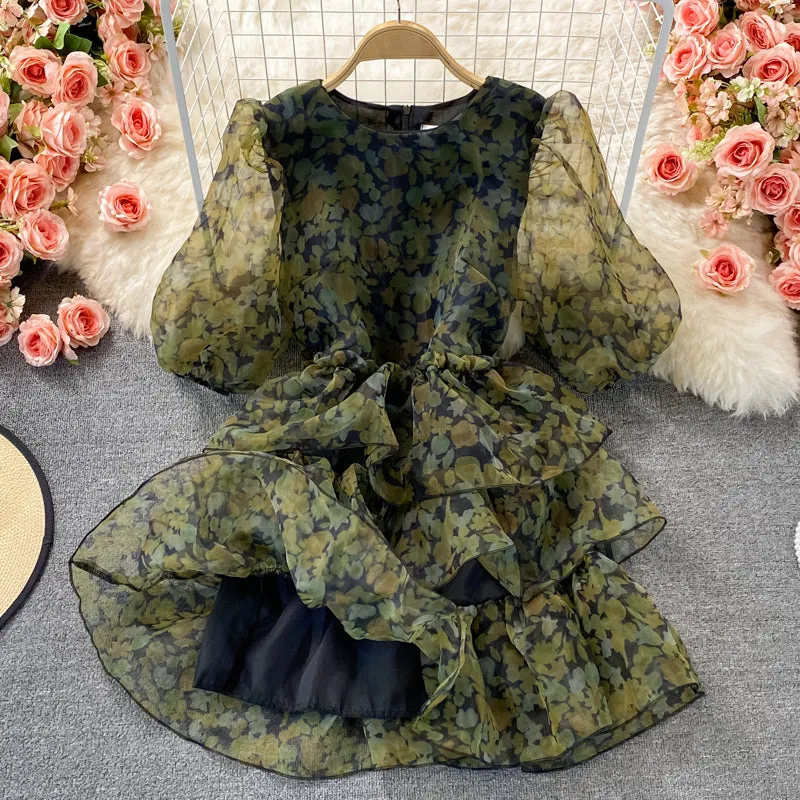 Cute tulle floral short dress green fashion dress    S240