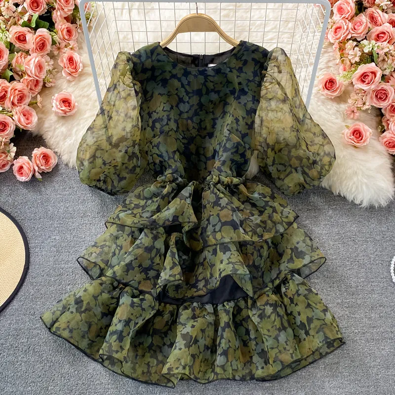 Cute tulle floral short dress green fashion dress    S240