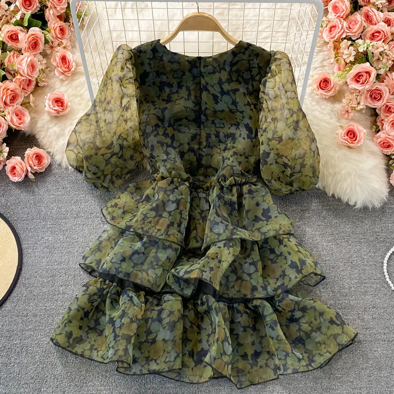 Cute tulle floral short dress green fashion dress    S240