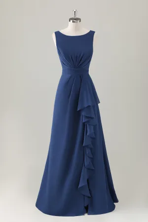 Dark Blue Ruffled A Line Chiffon Maxi Dress