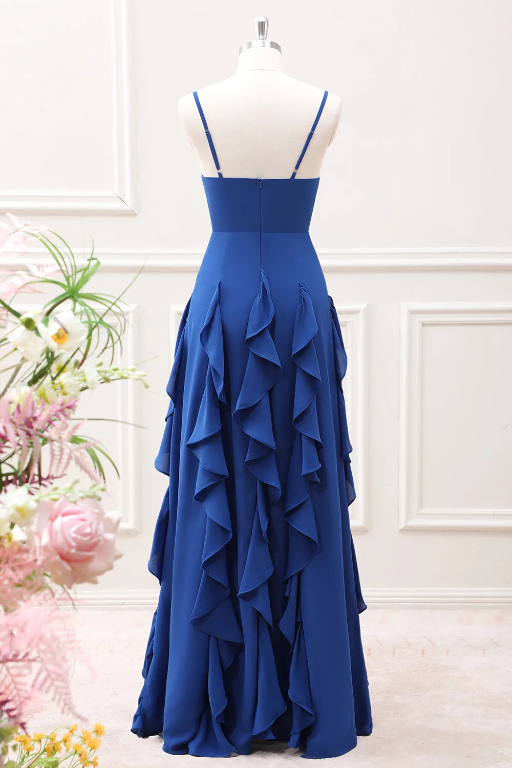 Dark Blue Spaghetti Straps A Line Maxi Dress with Ruffles