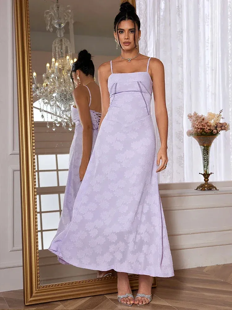 Dropshipping New Summer Elegant Maxi Dress 2024 New Arrival Purple Spaghetti Strap Wedding Guest Dress Lace Up Party Dresses