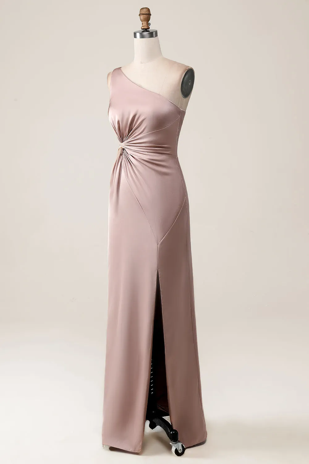 Dusty Rose Mermaid One Shoulder Pleated Satin Maxi Dress with Slit