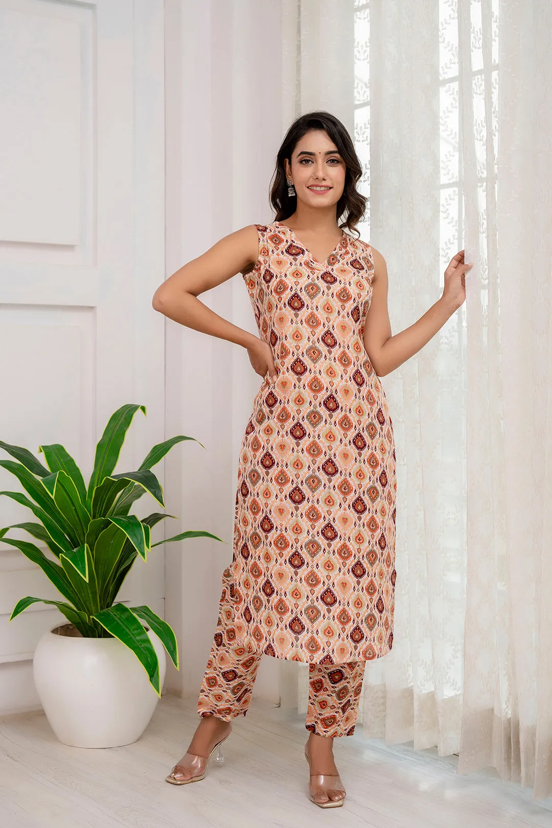 Fab Multi Printed Straight Sleeveless Kurta Pant Set