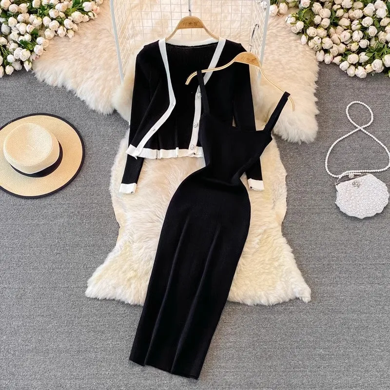 Fashionable v-neck long-sleeved knitted top cardigan two-piece suit mid-length dress     S4238