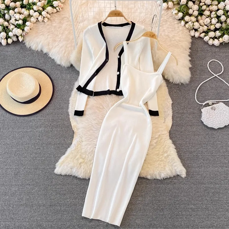 Fashionable v-neck long-sleeved knitted top cardigan two-piece suit mid-length dress     S4238