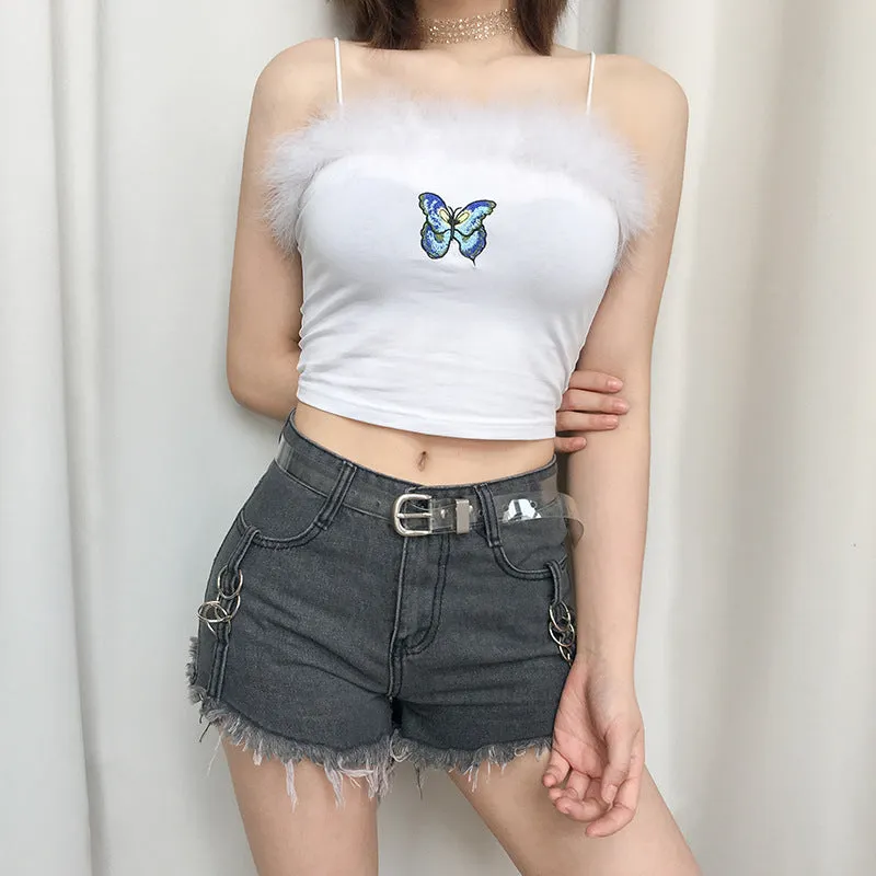 Feather Patchwork Cute Harajuku Crop Top Women Colorful Butterfly Appliques Sweet Spaghetti Strap Cami Top