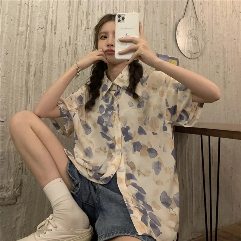 Floral Print Loose Fit Niche Chiffon Unique Shirt