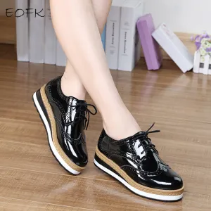 FREE SHIPPING EOFK Spring Leather Women Flat platform Shoes Brogue Vintage Shoes For Women Patent Leather Female Derbies Footwear