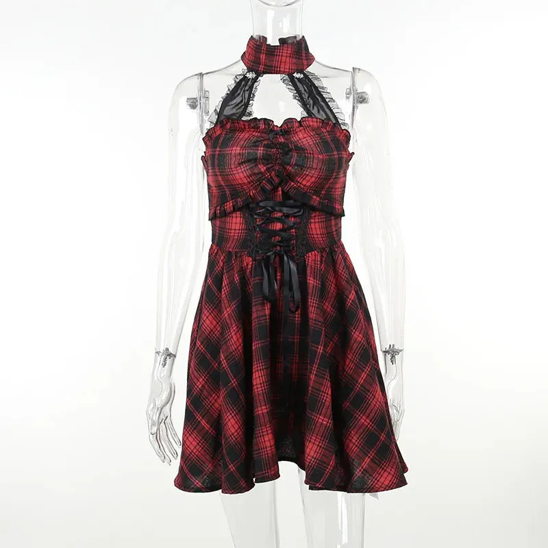 Gothic Halter Neck Sleeveless Vintage Plaid Mall Goth Lace High Waist A line Swing Backless Gothic Dress