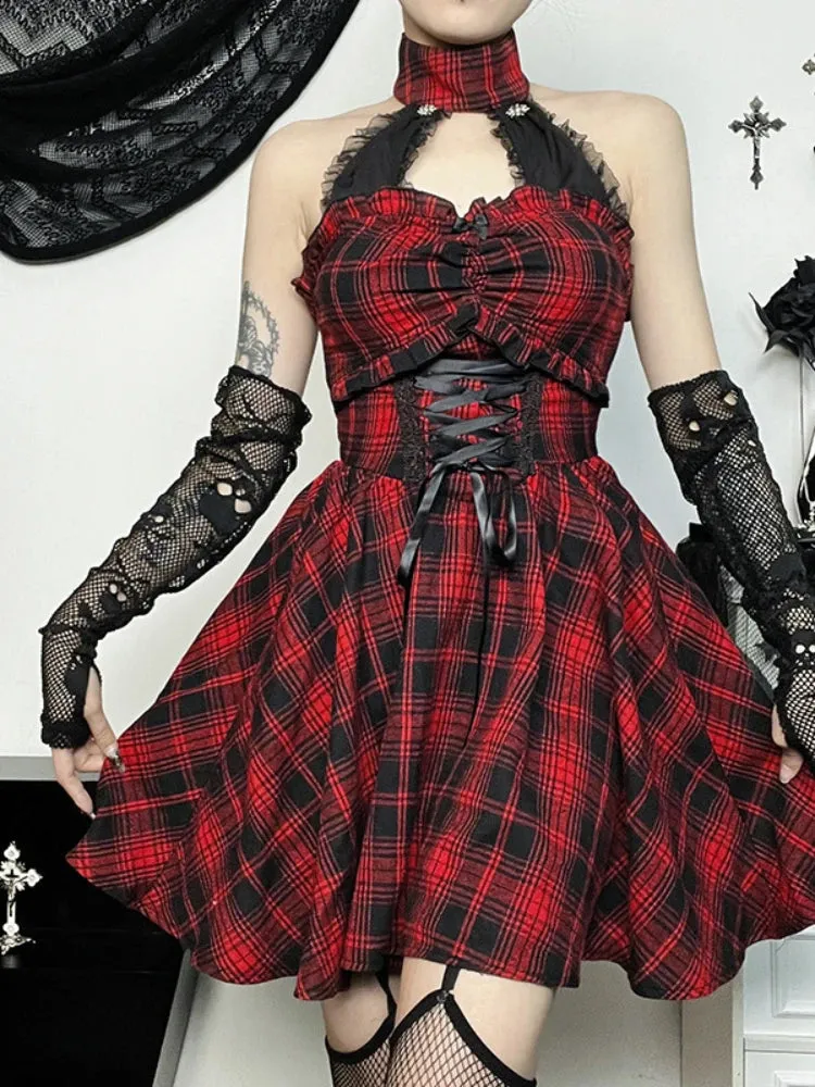 Gothic Halter Neck Sleeveless Vintage Plaid Mall Goth Lace High Waist A line Swing Backless Gothic Dress