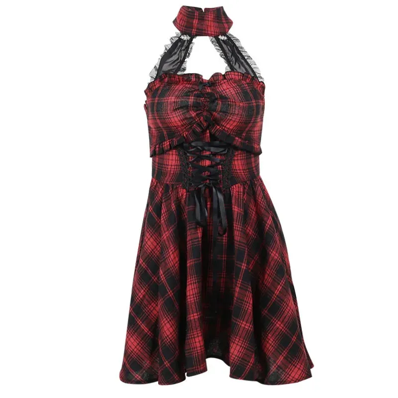 Gothic Halter Neck Sleeveless Vintage Plaid Mall Goth Lace High Waist A line Swing Backless Gothic Dress