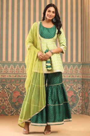 Green Shantoon Slub Printed Flared Kurta Sets