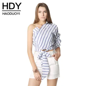 HDY Haoduoyi Striped Women Blouses One Shoulder V-neck Half Puff Sleeve Casual Shirts Women Bow Ruffle Tie Waist Slim Tops