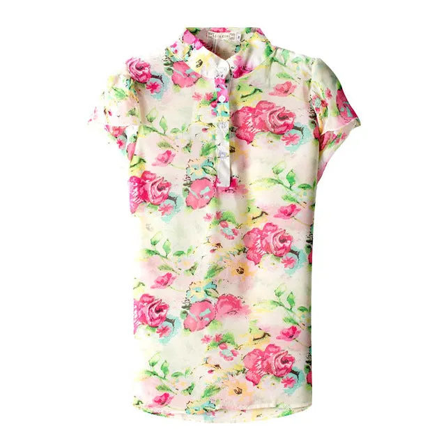 Hotsale Fashion Summer Women Blouses New Printed Flowers Chiffon Short Sleeve Shirts Size S-XXL 3Colors