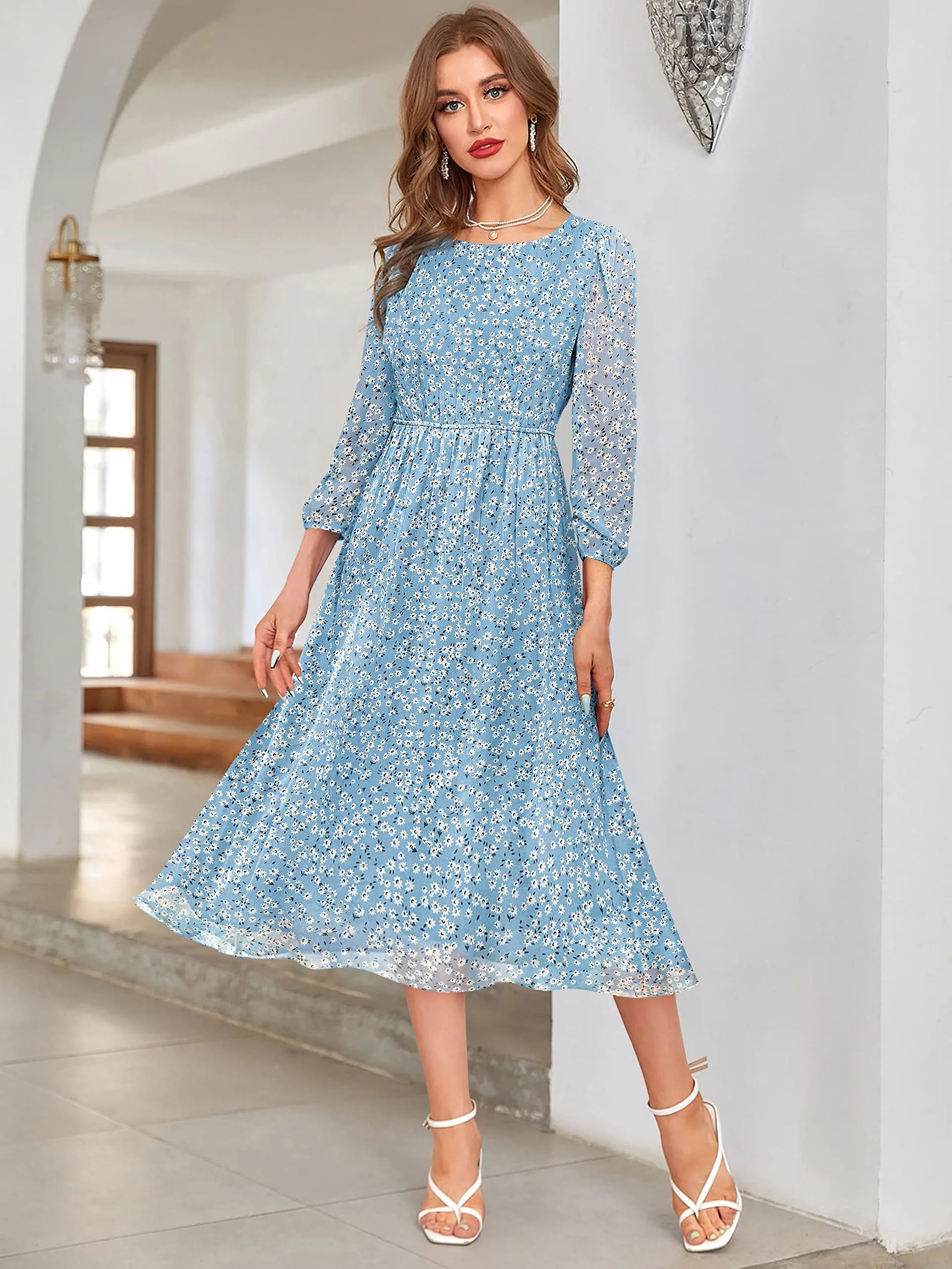 KERI PERRY Women's Sky Blue Georgette Floral Fit & Flared Western Dress | Dress for Women | A line Dress | Winter Dress | Western Dress | Latest Women Dress | Trendy Dress | Midi Dress